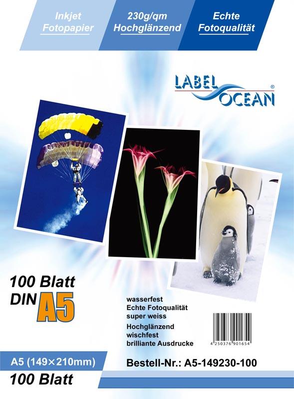 100 sheets of A5 230g/m² photo paper HGlossy+waterproof from LabelOcean A5-149-230