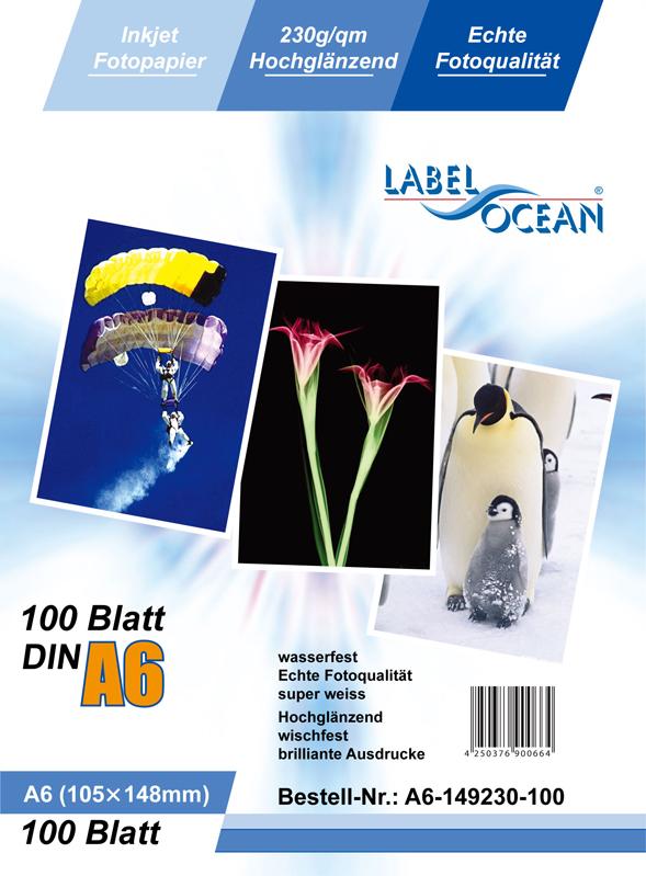 100 sheets of A6 230g/m² photo paper HGlossy+waterproof from LabelOcean A6-149-230