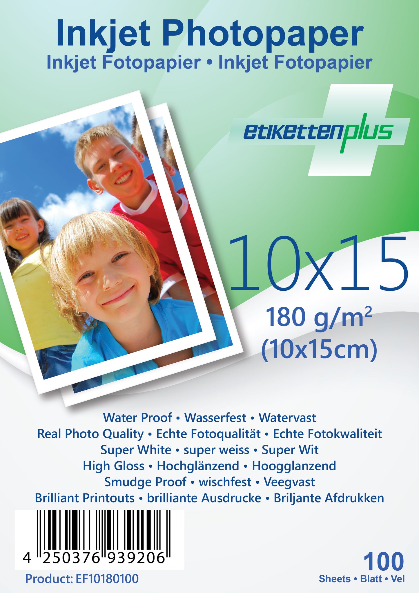 100 sheets of 10x15cm 180g/m² photo paper glossy + waterproof from EtikettenPlus EF10180100