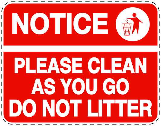 Garbage bin sticker "Notice, please clean as you go do not litter" red  horizontal LH-LITTER-H-10200-14