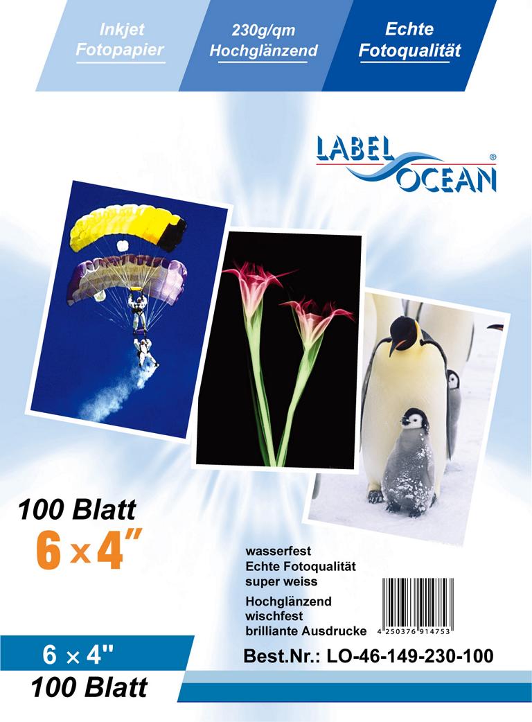 100 Blatt 6x4 inch 230g/m² Fotopapier HGlossy+wasserfest von LabelOcean 6x4"-149230-100