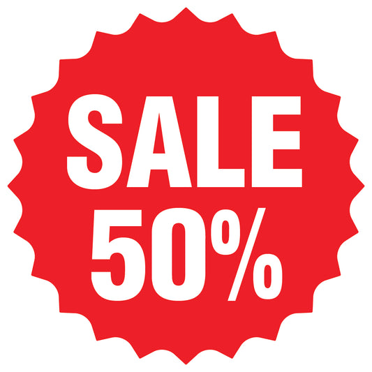 Promotional stickers round star-shaped "Sale 50%" 2-7 cm LH-SALE-3050-RS-10-14-0