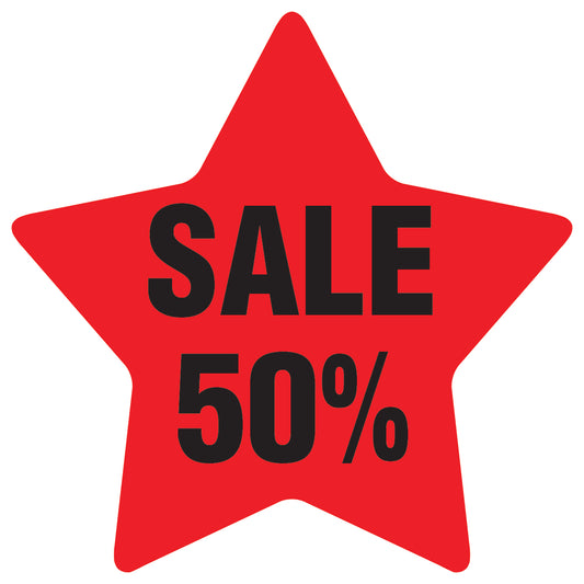 Promotional stickers star-shaped "Sale 50%" 2-7 cm LH-SALE-3050-ST-10-14-88