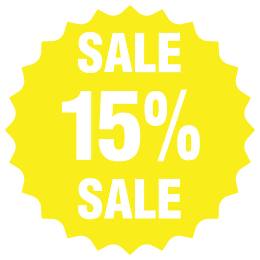 Promotional stickers round star-shaped "Sale 15% sale" 2-7 cm LH-SALE-5015-RS-10-3-0