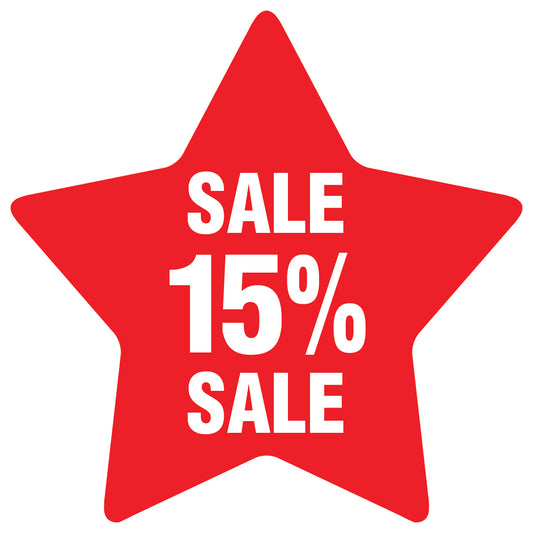 Promotional stickers star-shaped "Sale 15% sale" 2-7 cm LH-SALE-5015-ST-10-14-0