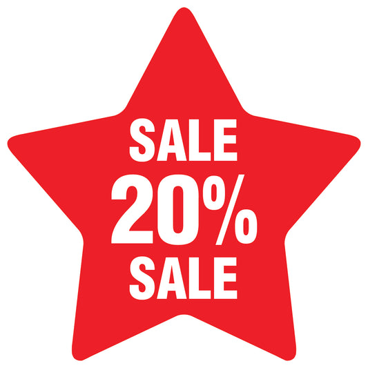 Promotional stickers star-shaped "Sale 20% sale" 2-7 cm LH-SALE-5020-ST-10-14-0