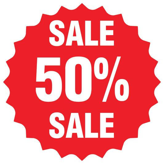 Promotional stickers round star-shaped "Sale 50% sale" 2-7 cm LH-SALE-5050-RS-10-14-0