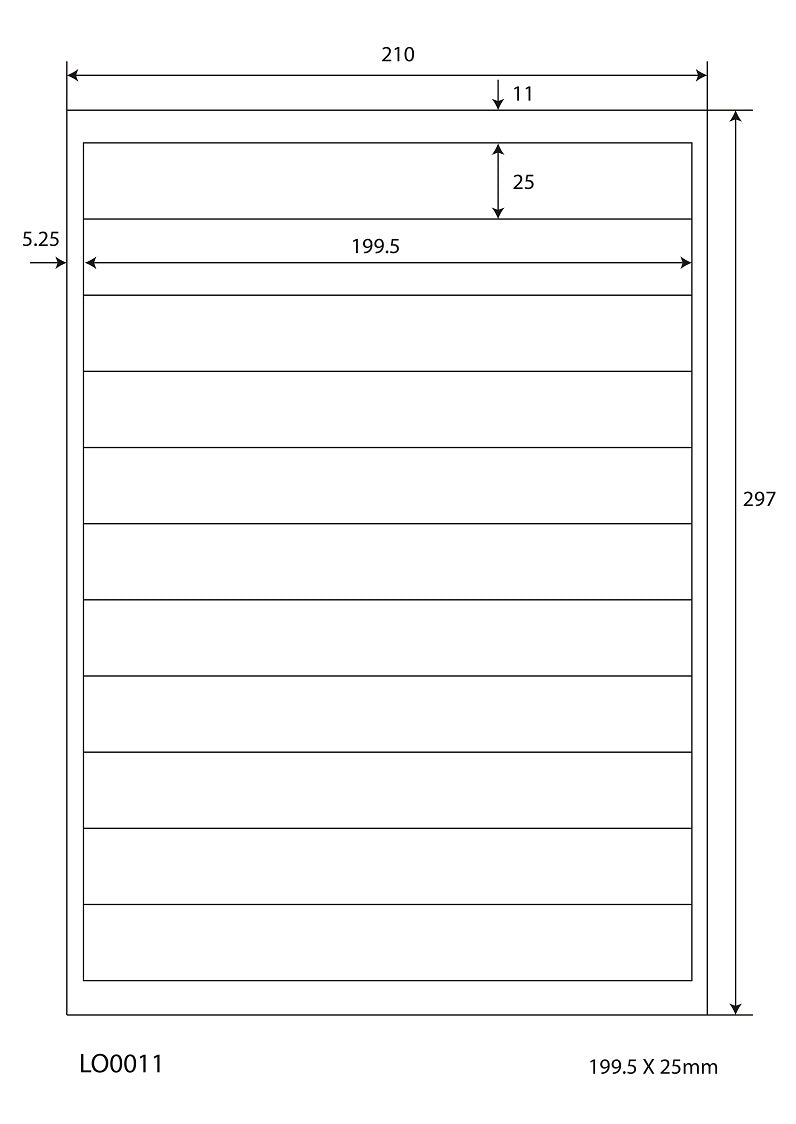 1100 universal labels 199.5x25mm, on 100 Din A4 sheets, glossy, self-adhesive LO-0011-80