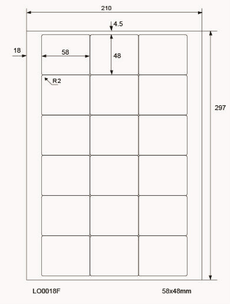 1800 universal labels 58x48mm, on 100 Din A4 sheets, glossy, self-adhesive LO-0018-F-80